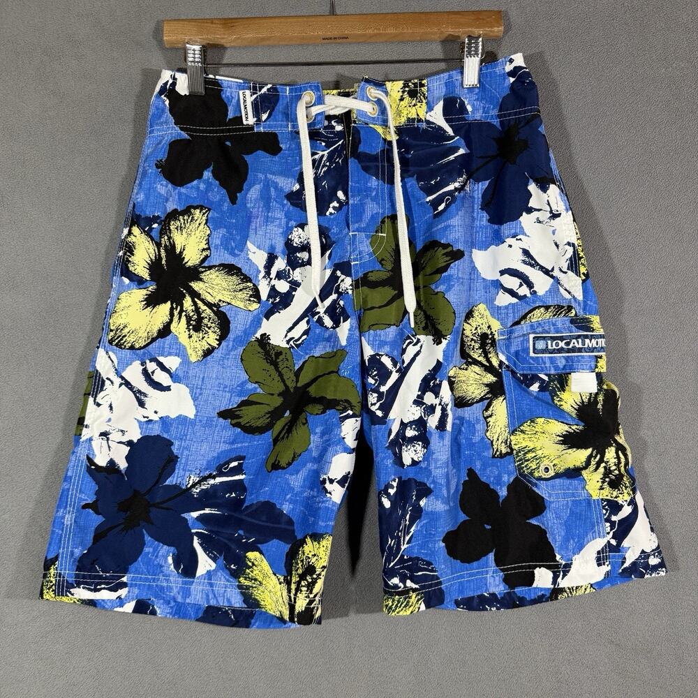 Local Motion Board Shorts Mens 29 Blue Floral Teal Hawaiian Logo Surf Skate